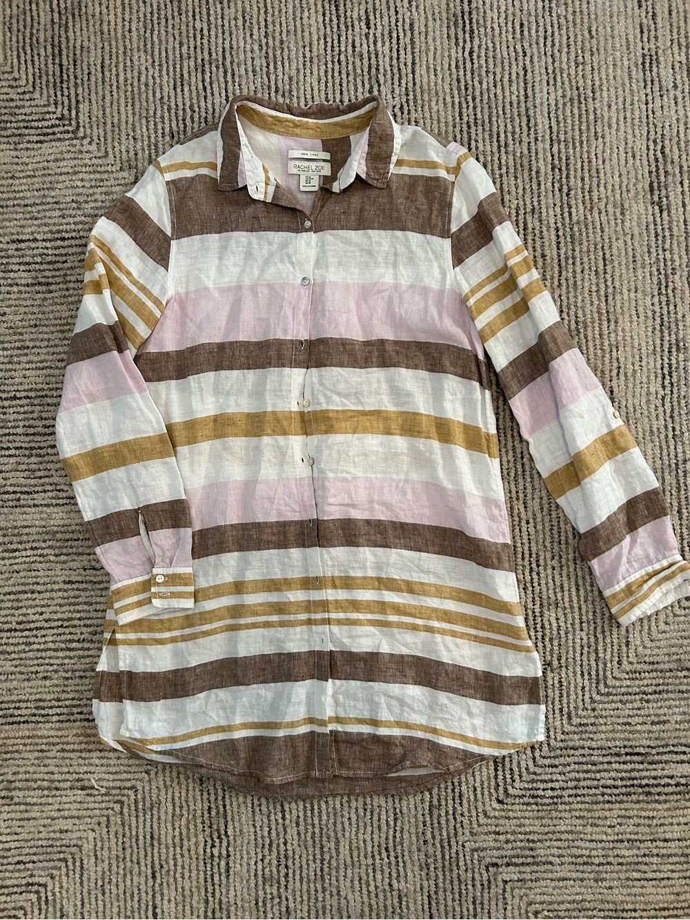 Rachel Zoe Striped 100% Linen Tunic Dress Button Down Medium Coastal Beach